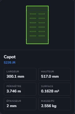 Flan déplié du capot du coffret : 300 × 517 mm, 2 mm, 2,556 kg
