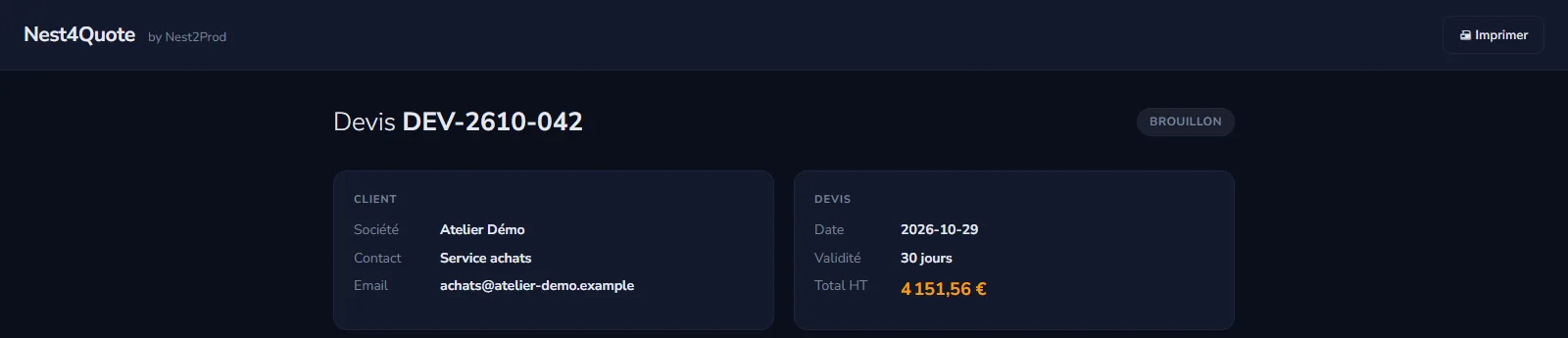 Devis consulté en ligne par lien de partage : client, total HT et statut